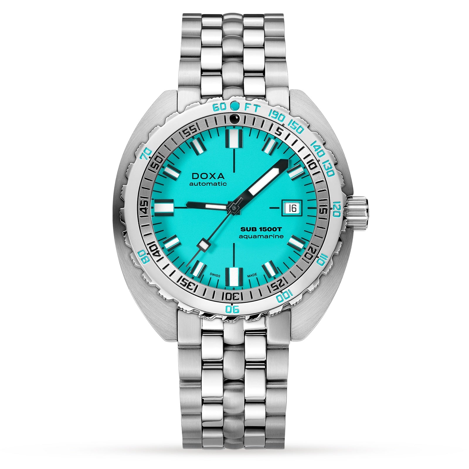 The DOXA Sub 1500T Aquamarine is a silver divers watch with an aquamarine dial, date window at 3 o’clock, Super-LumiNova® coating, and a metal bracelet.