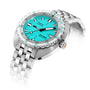 The DOXA Sub 1500T Aquamarine is a stainless steel diver’s watch with a turquoise dial, bold Super-LumiNova® hour markers, and a metal bracelet, shown against a white background.