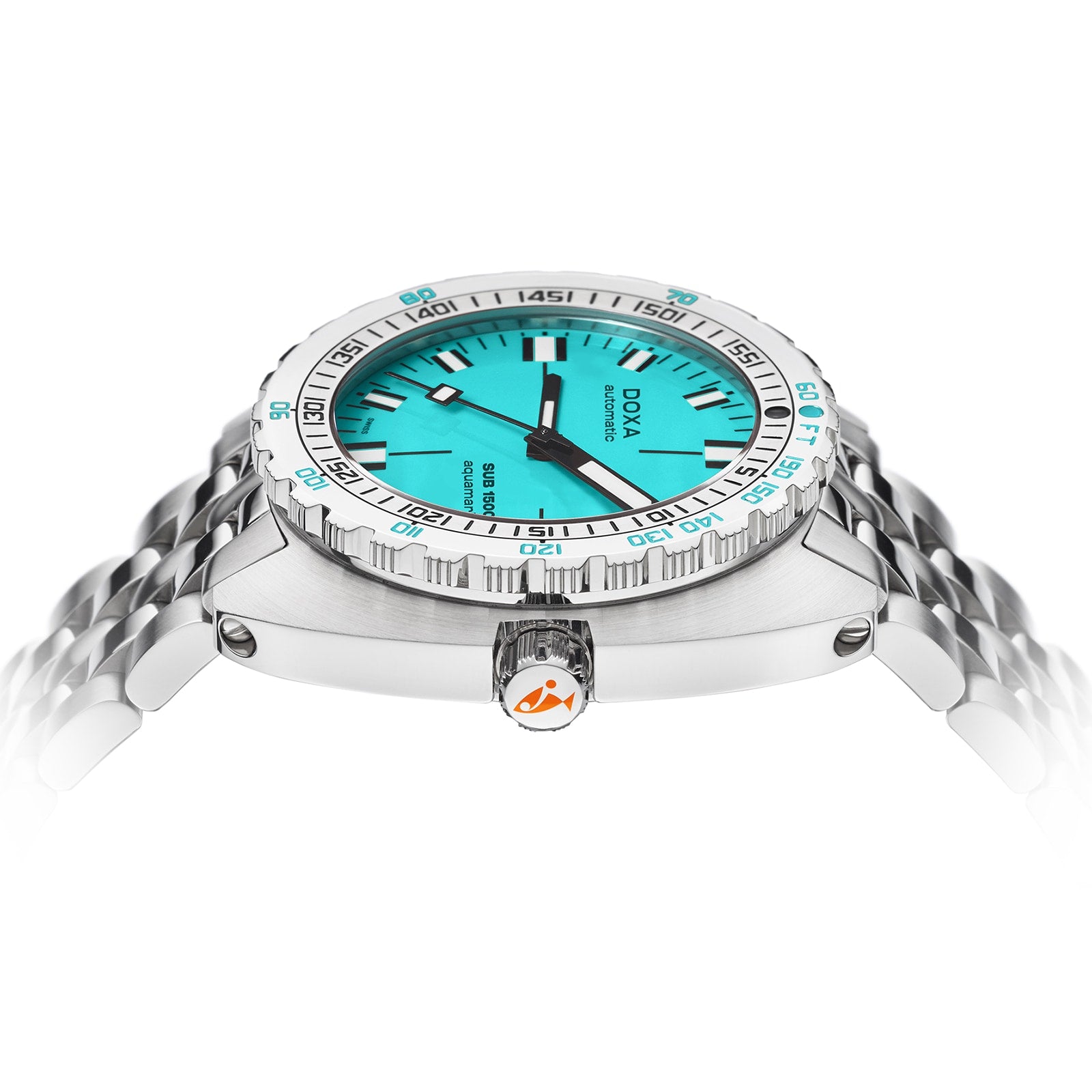 The DOXA Sub 1500T Aquamarine, a stainless steel diver’s watch with an aquamarine dial, silver bezel, and metal bracelet, features Super-LumiNova® luminescence—shown elegantly from the side.