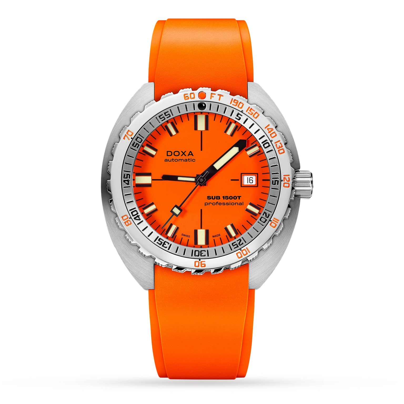 The DOXA Sub 1500T Professional features an orange dial, orange strap, silver 316L stainless steel bezel, and a date display at 3 o’clock.