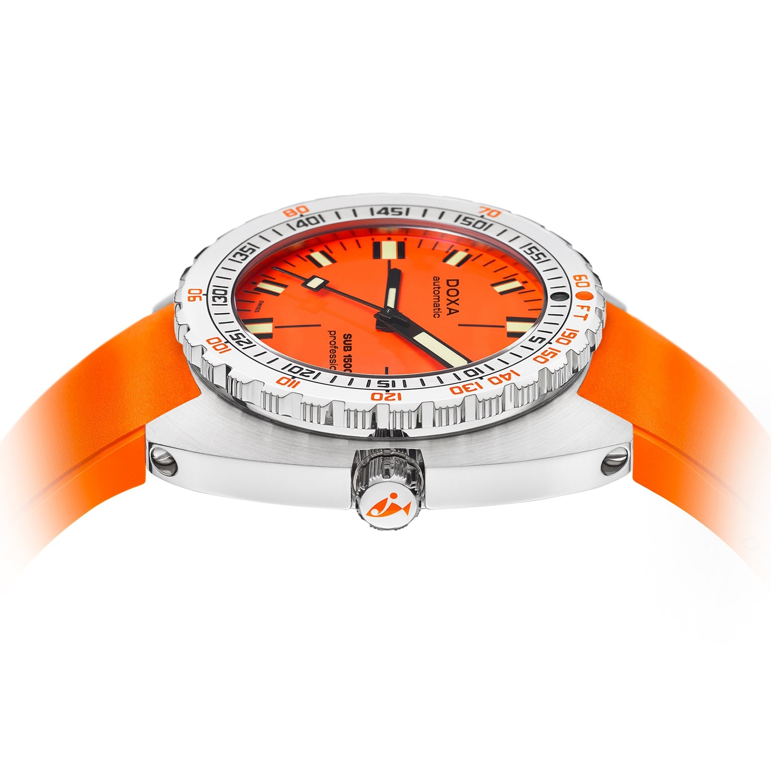 The DOXA Sub 1500T Professional is a 316L stainless steel divers watch with an orange dial, matching rubber strap, and minute and second markers, shown in a side view.