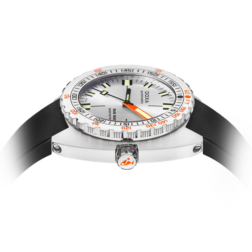 Side view of the DOXA Sub 1500T Searambler, a silver diver’s watch with a white dial, black rubber strap, orange accents, stainless steel case with Super-LumiNova, set against a white background.