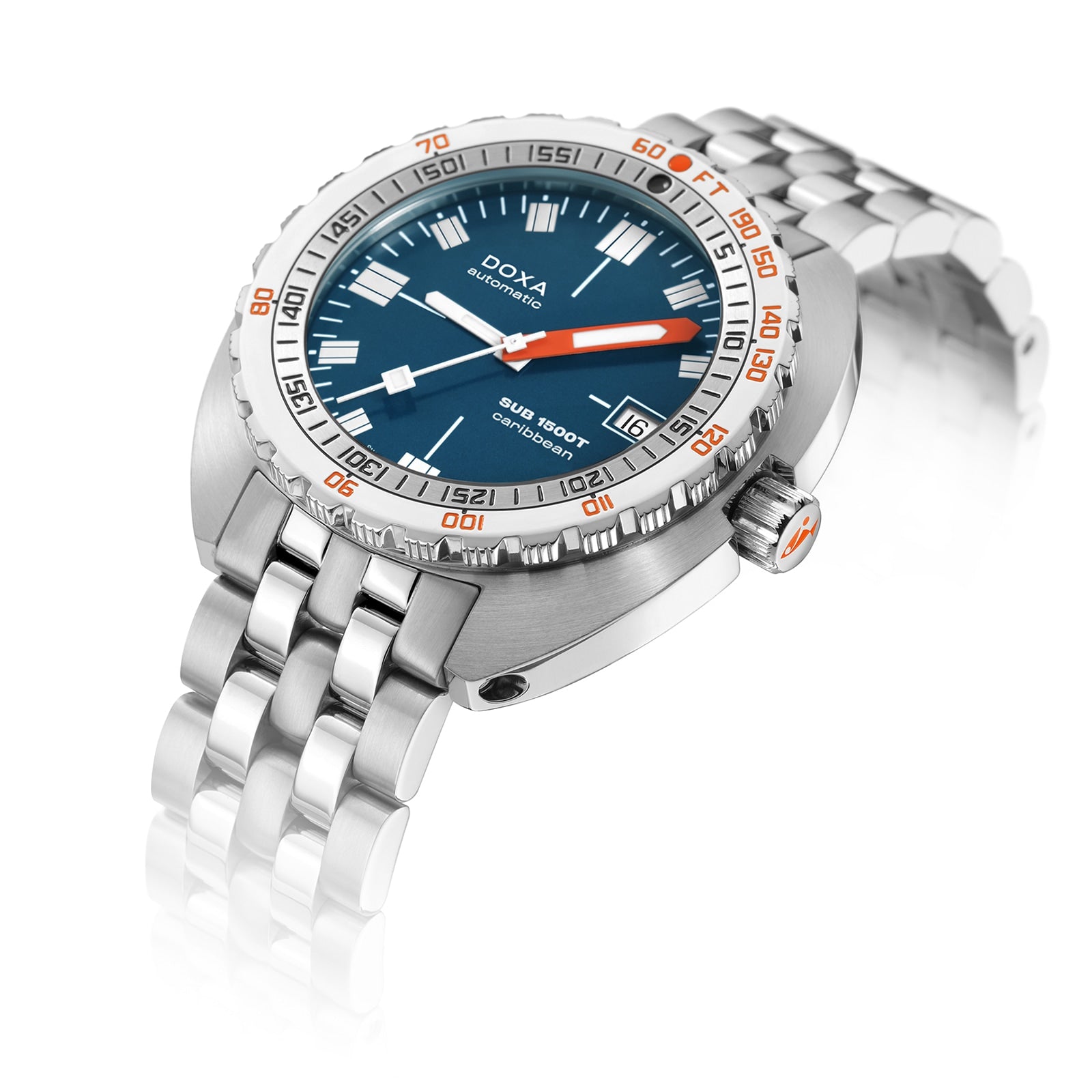 A DOXA Sub 1500T Caribbean stainless steel divers watch with a blue dial, orange minute hand, Super-LumiNova markers, and unidirectional bezel is displayed on a metal bracelet against a white background.