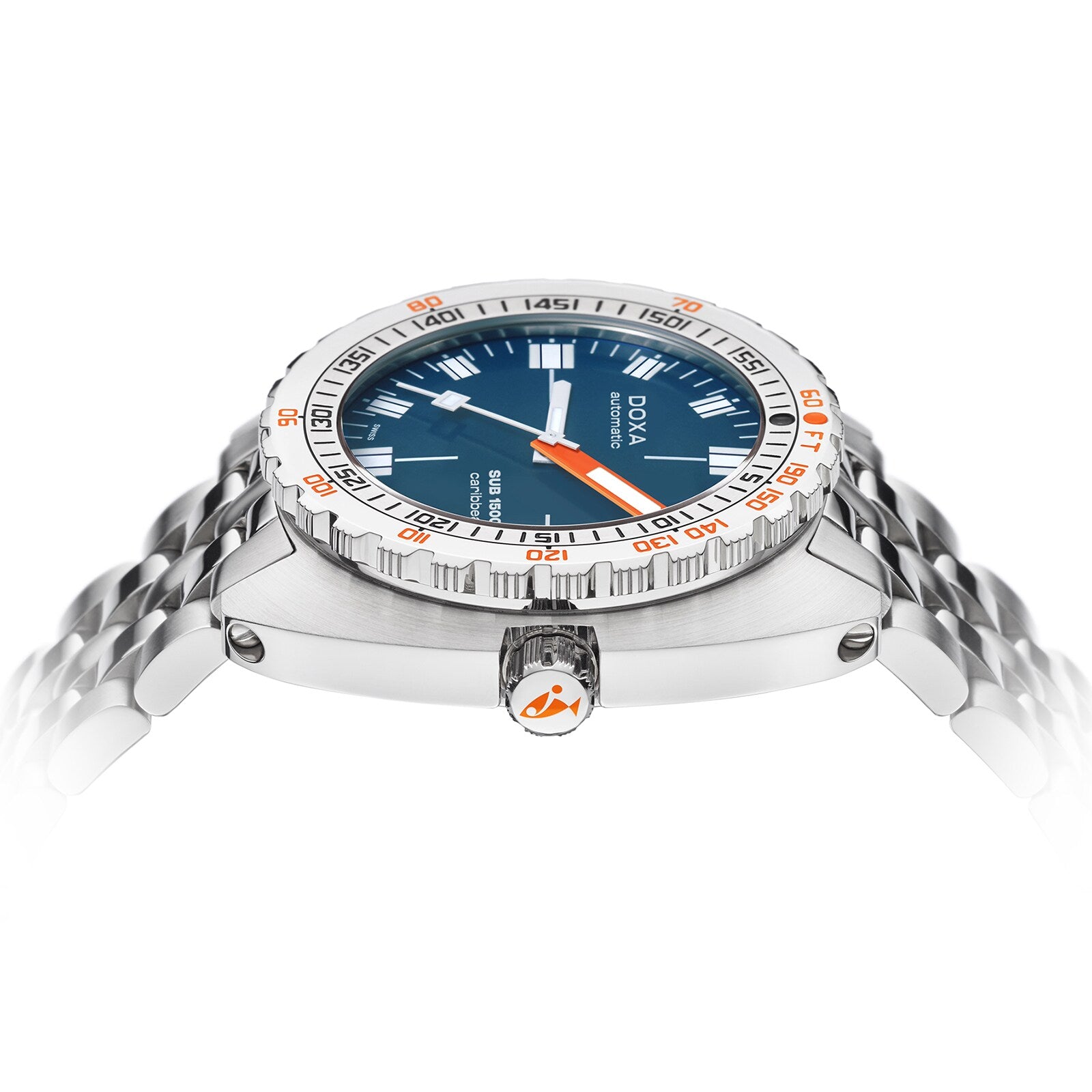The DOXA Sub 1500T Caribbean is a stainless steel divers watch with a blue face, orange accents, and a metal bracelet, displayed from the side on a white background.