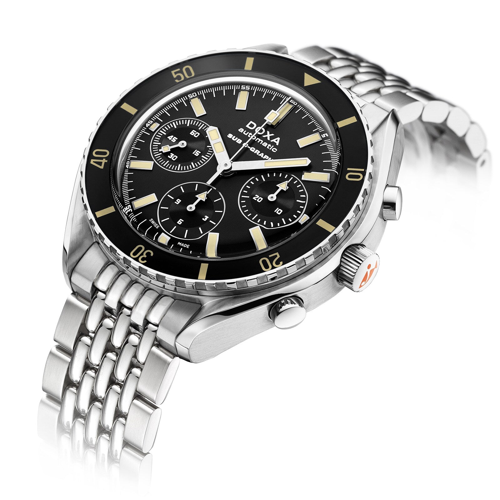 A DOXA Sub 200 C-Graph Sharkhunter stainless steel wristwatch with a black dial, chronograph, three subdials, silver bracelet, and tachymeter bezel, shown at an angle.