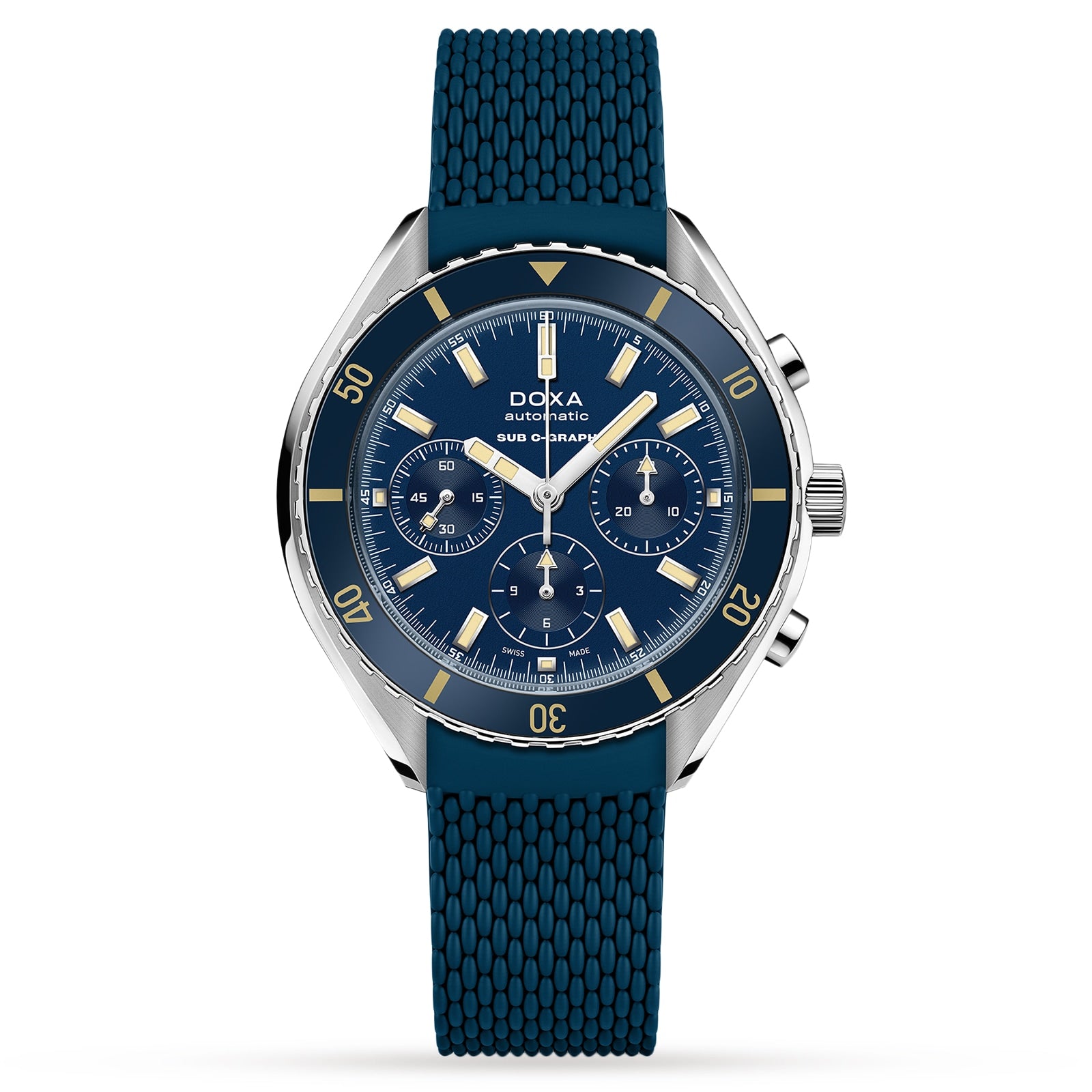 The DOXA Sub 200 C-Graph Caribbean is a blue chronograph diver’s watch with a Swiss movement, silver bezel, blue textured strap, and yellow accents on its dial and markers.