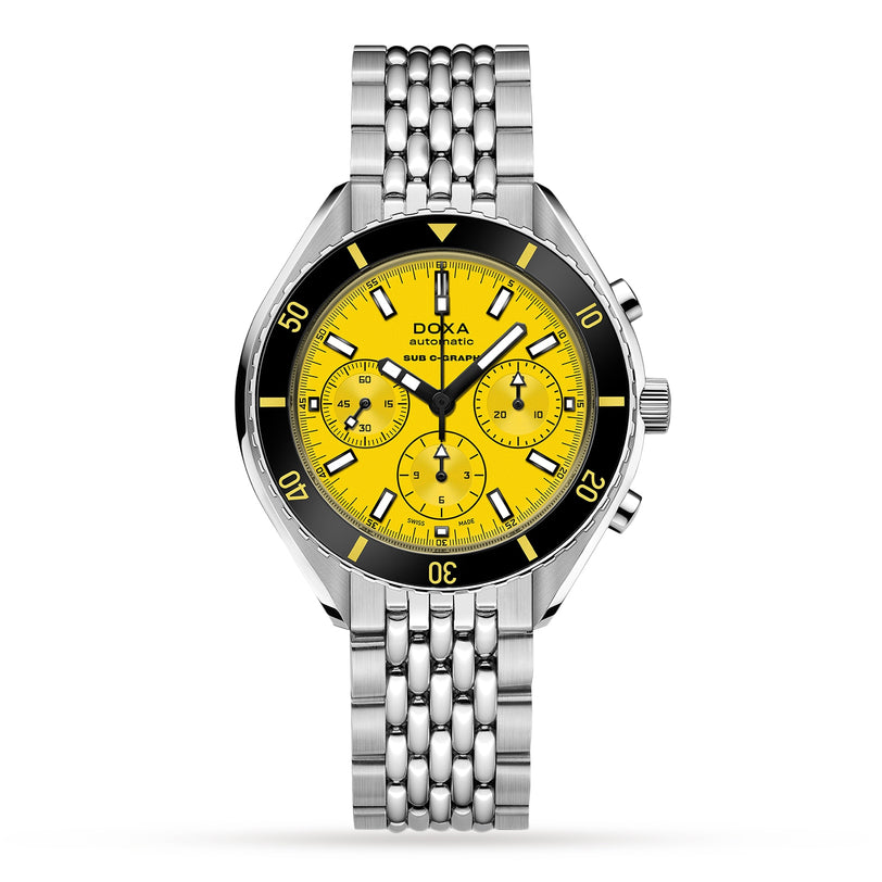 The DOXA Sub 200 C-Graph Divingstar is a stainless steel diver’s watch with a silver bracelet, yellow dial, black bezel, and chronograph subdials.