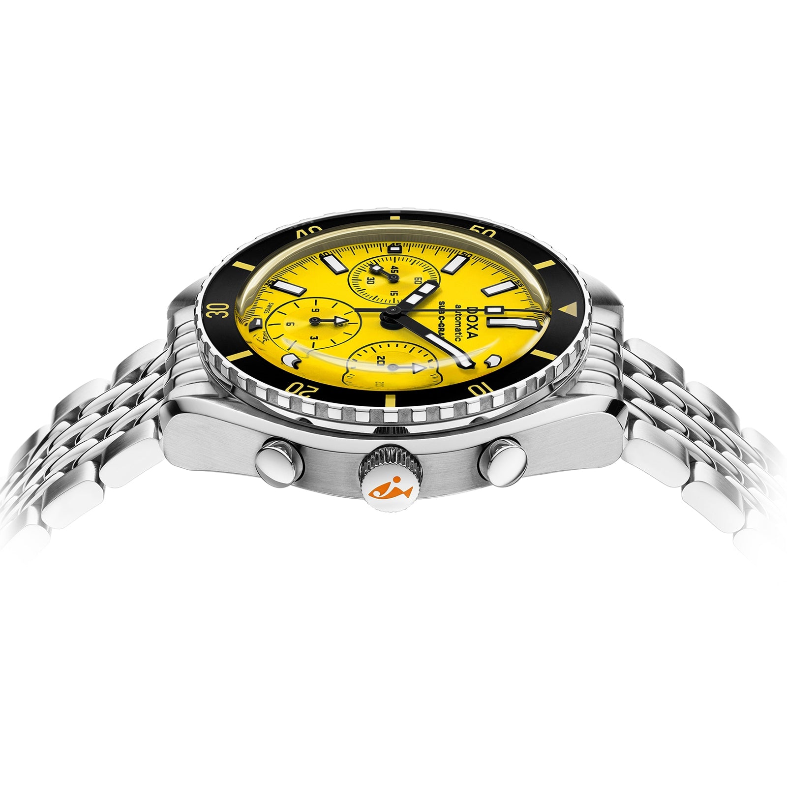 Side view of the DOXA Sub 200 C-Graph Divingstar, a stainless steel chronograph with yellow dial, black bezel, three subdials, Swiss movement, and metal bracelet.