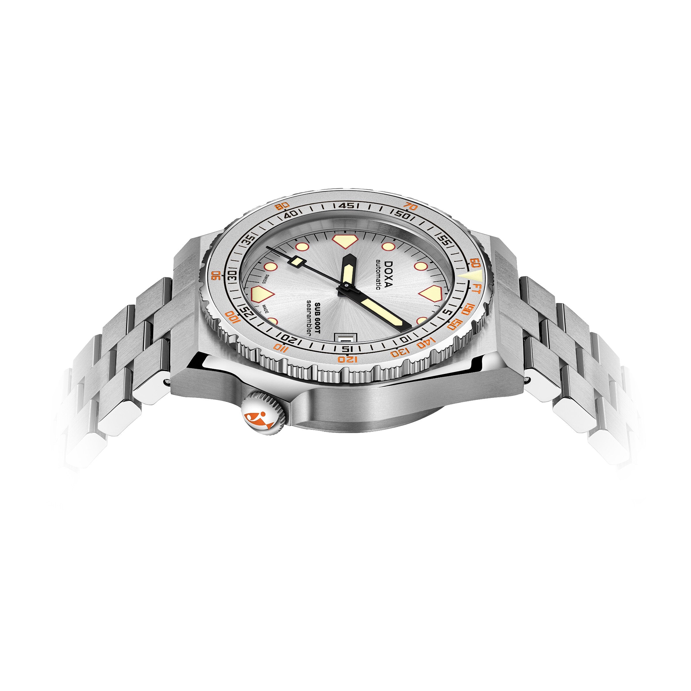 The DOXA Sub 600T Searambler is a stainless steel dive watch with a silver dial, orange accents, and a metal bracelet, shown at an angle on a white background.