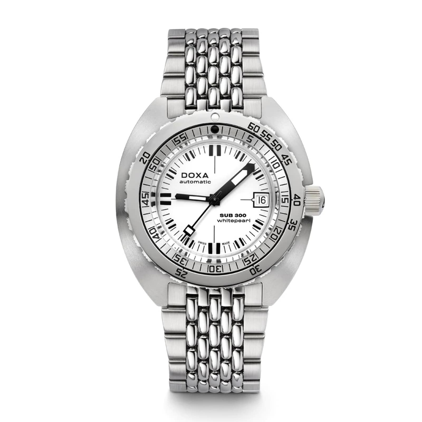 The DOXA Sub 300 Whitepearl is a stainless steel automatic watch featuring a white dial with black markers, date at 3 o’clock, unidirectional bezel, and metal link bracelet.