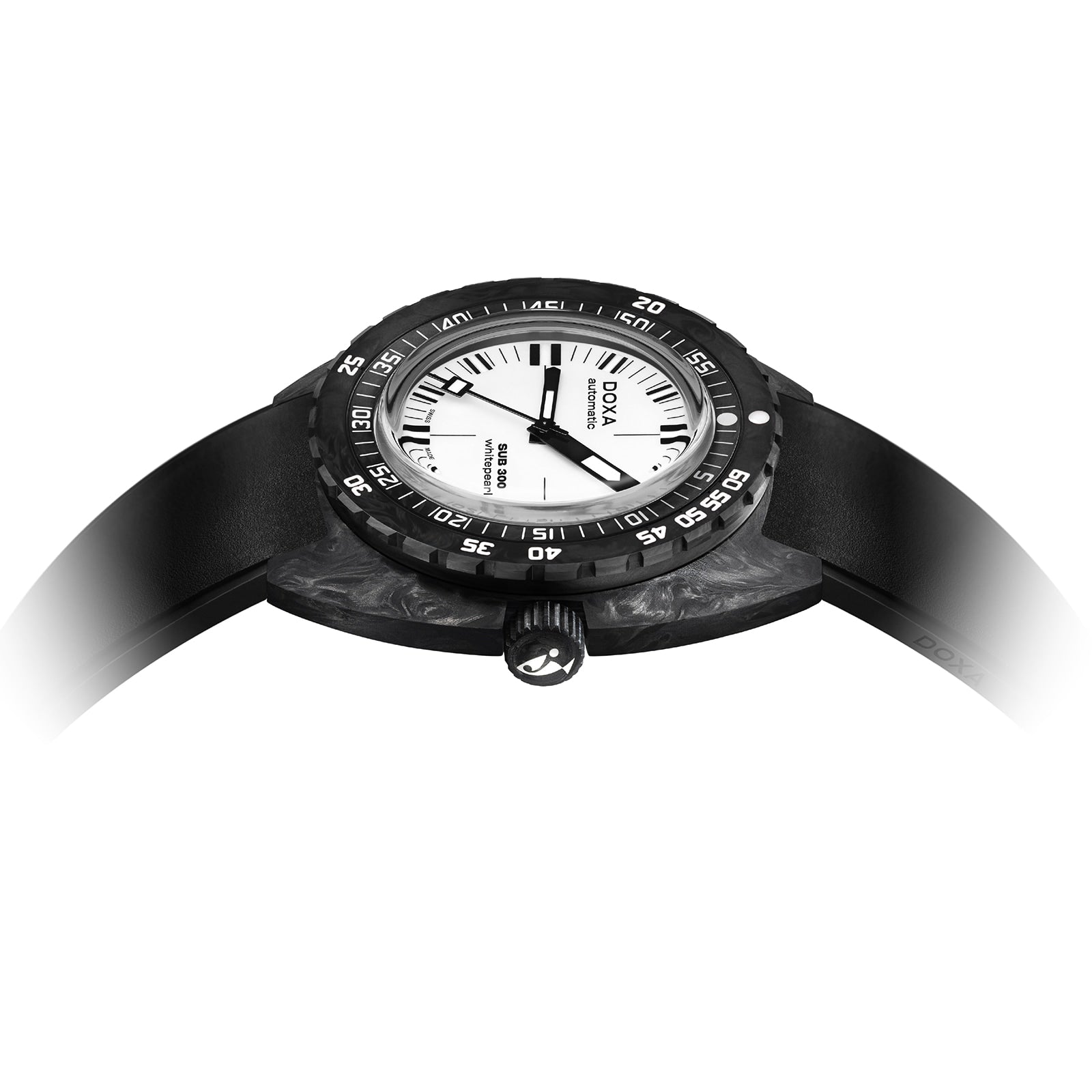 A close-up of the DOXA Sub 300 Carbon Whitepearl shows its black bezel, white dial, black hour markers, and black band against a white background. This COSC Certified Chronometer combines precision with striking style.