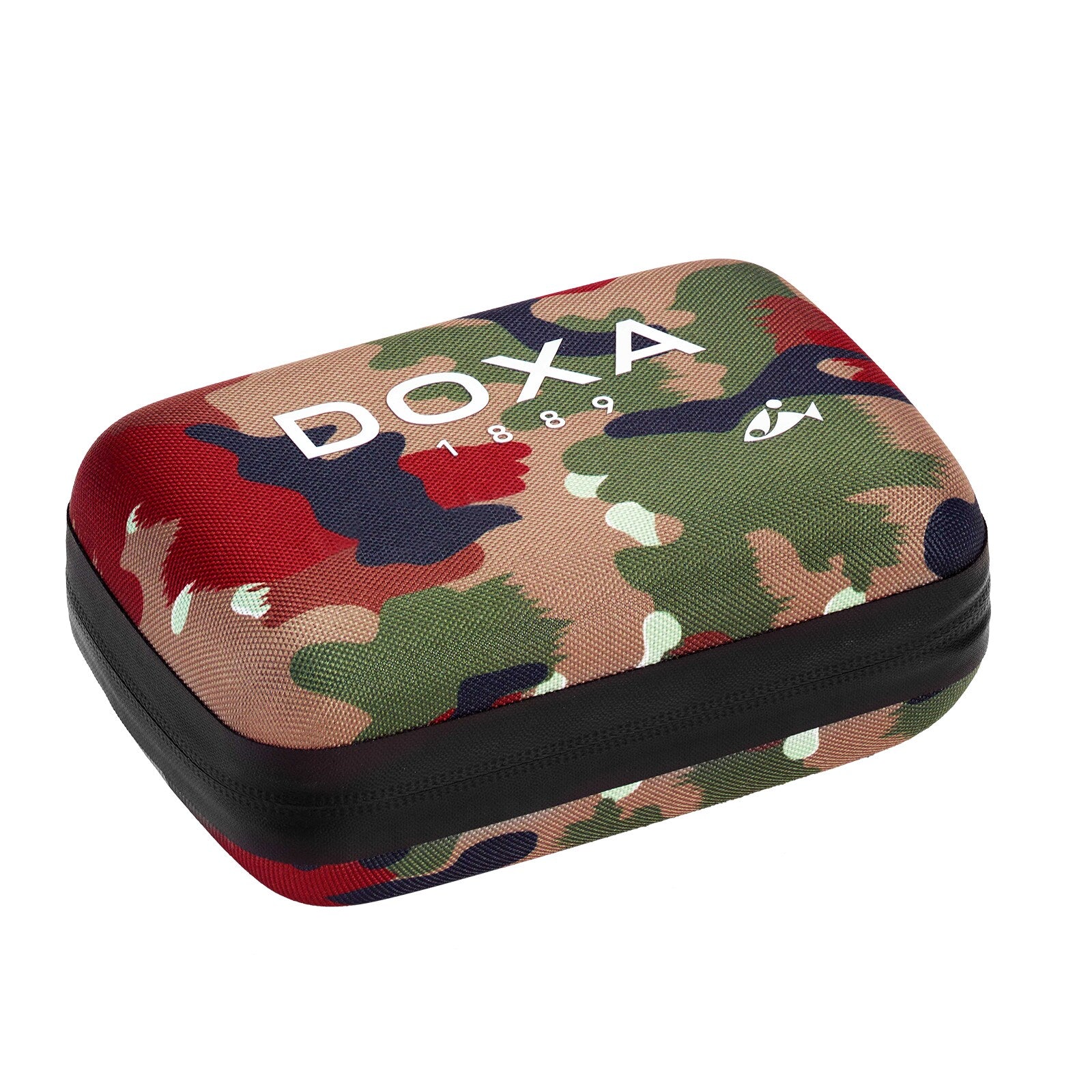 Rectangular camouflage-pattern case with black zipper, DOXA 1889 and fish logo on the lid, inspired by the iconic rotating bezel of the DOXA Army Stainless Steel by DOXA.