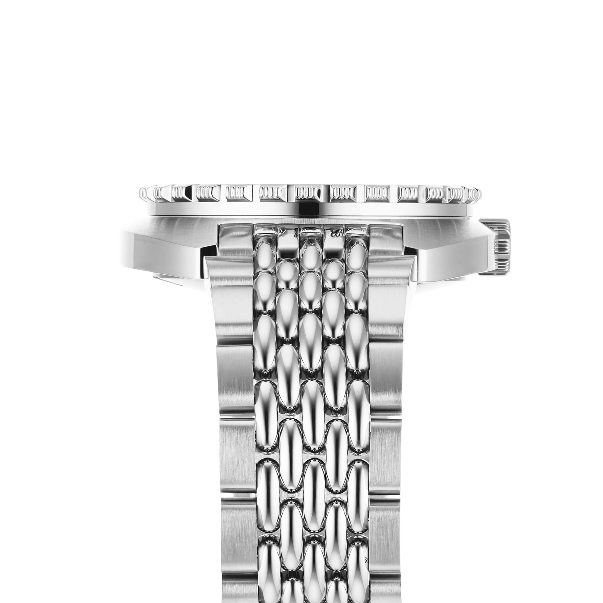 Side view of the DOXA Army Stainless Steel wristwatch by DOXA, featuring a textured metal bracelet and ridged rotating bezel, set against a white background.