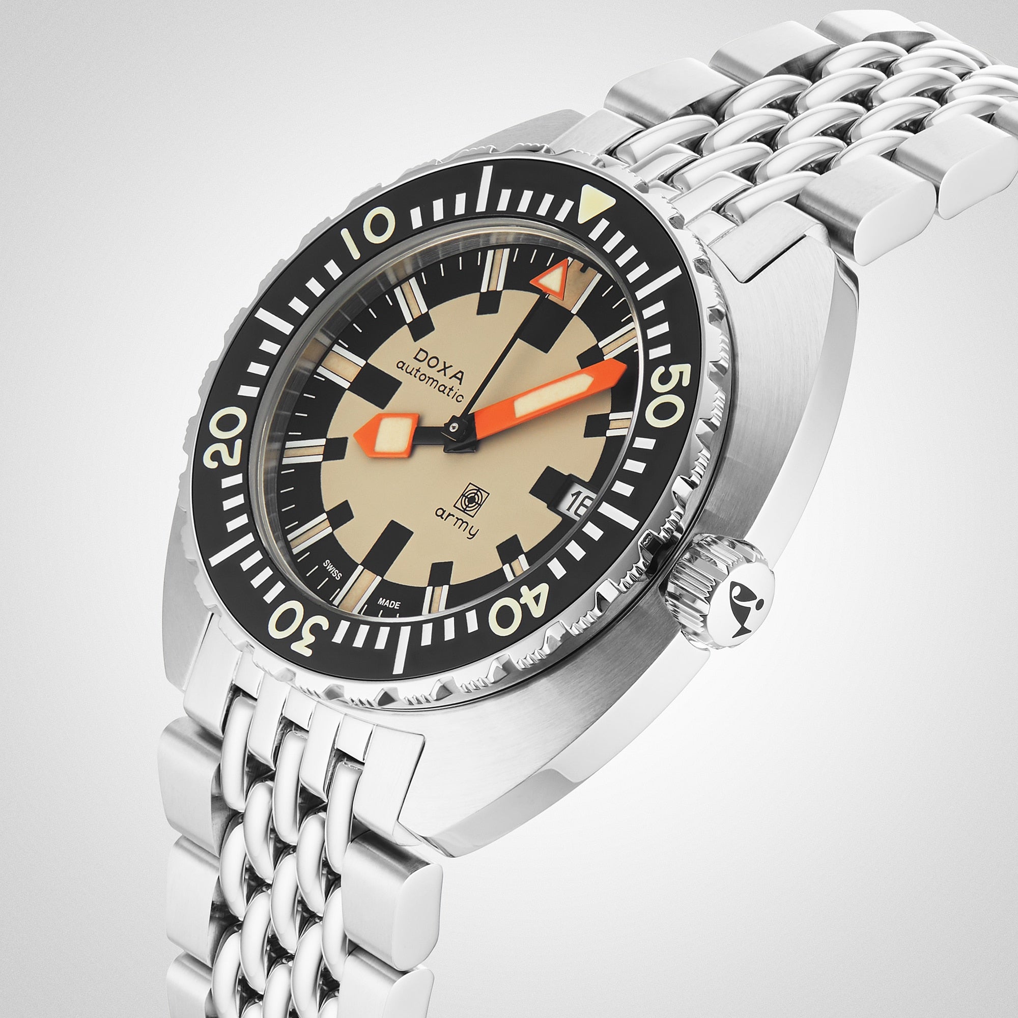 A close-up of the DOXA Army Stainless Steel by DOXA, featuring a beige dial, bold black and orange hands, a rotating bezel, and a stainless steel bracelet set against a light background.