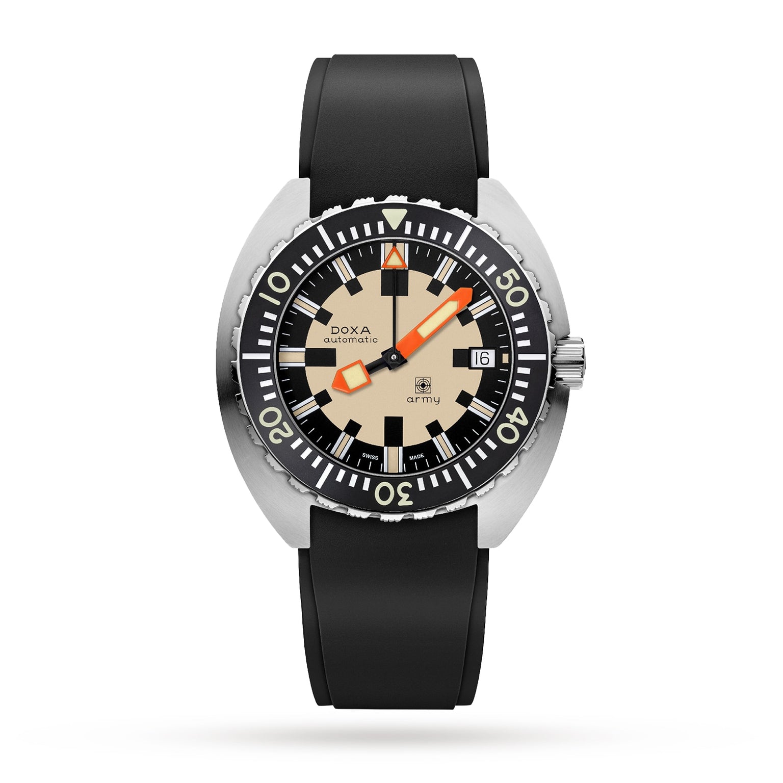 The DOXA Army Stainless Steel by DOXA features a beige dial, black bezel, orange minute hand, Super-LumiNova® coating, date display at 3 o’clock, stainless steel case, and black rubber strap.