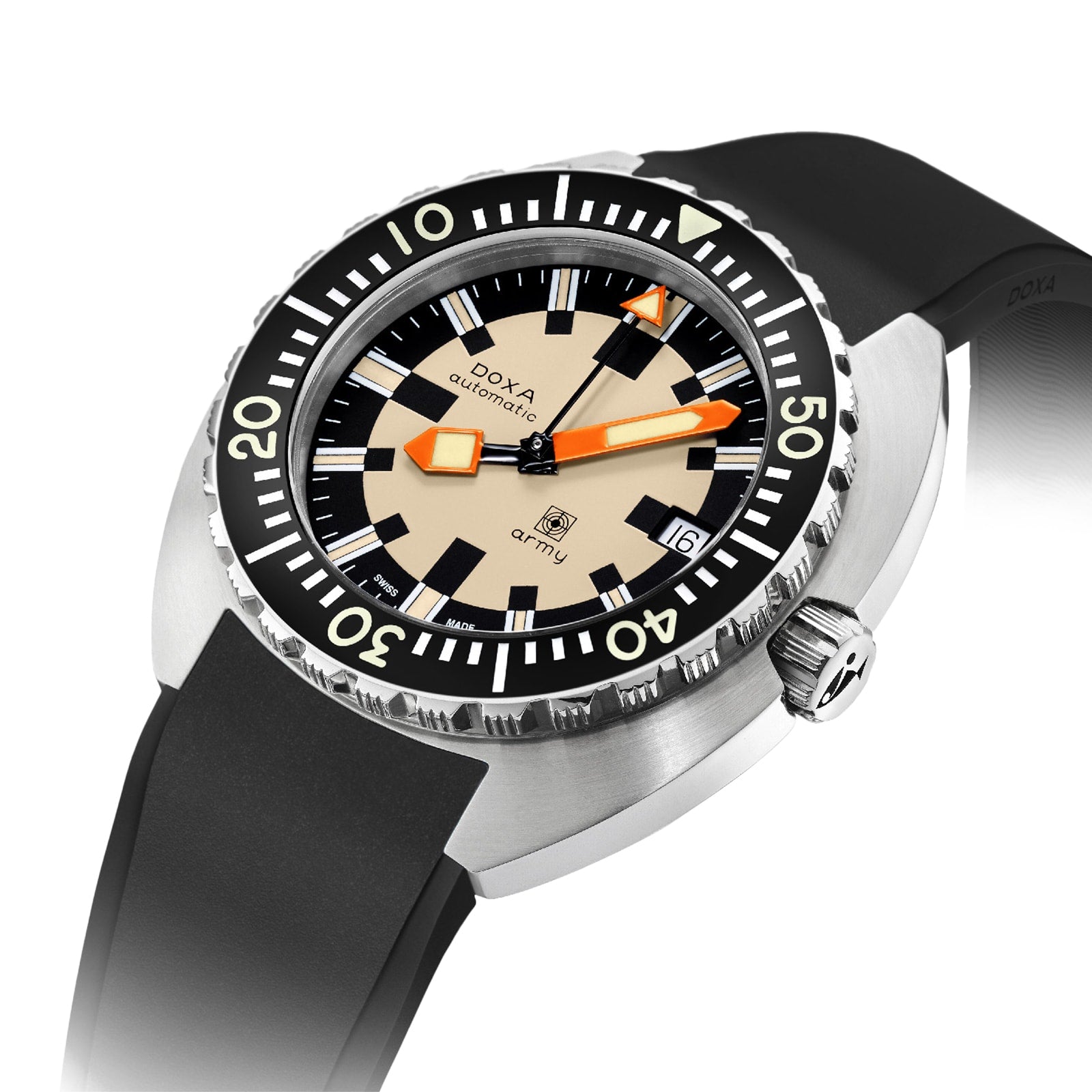 A close-up of the DOXA Army Stainless Steel by DOXA, featuring a beige dial, black bezel, orange hands, black rubber strap, and Super-LumiNova® coating for enhanced visibility.