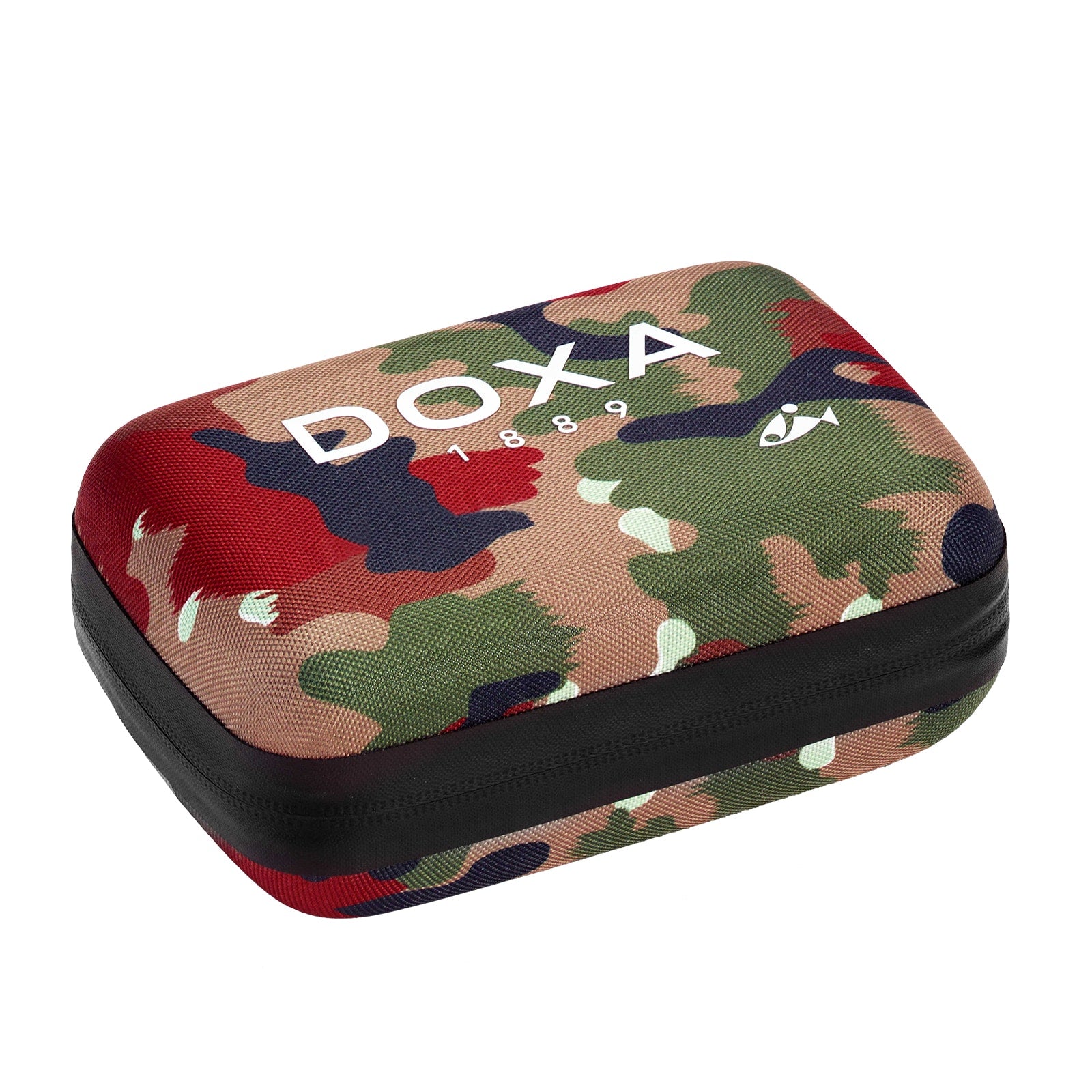 Rectangular zippered case for DOXA Army Stainless Steel watch, featuring a camo pattern, black base, and white DOXA logo on top.