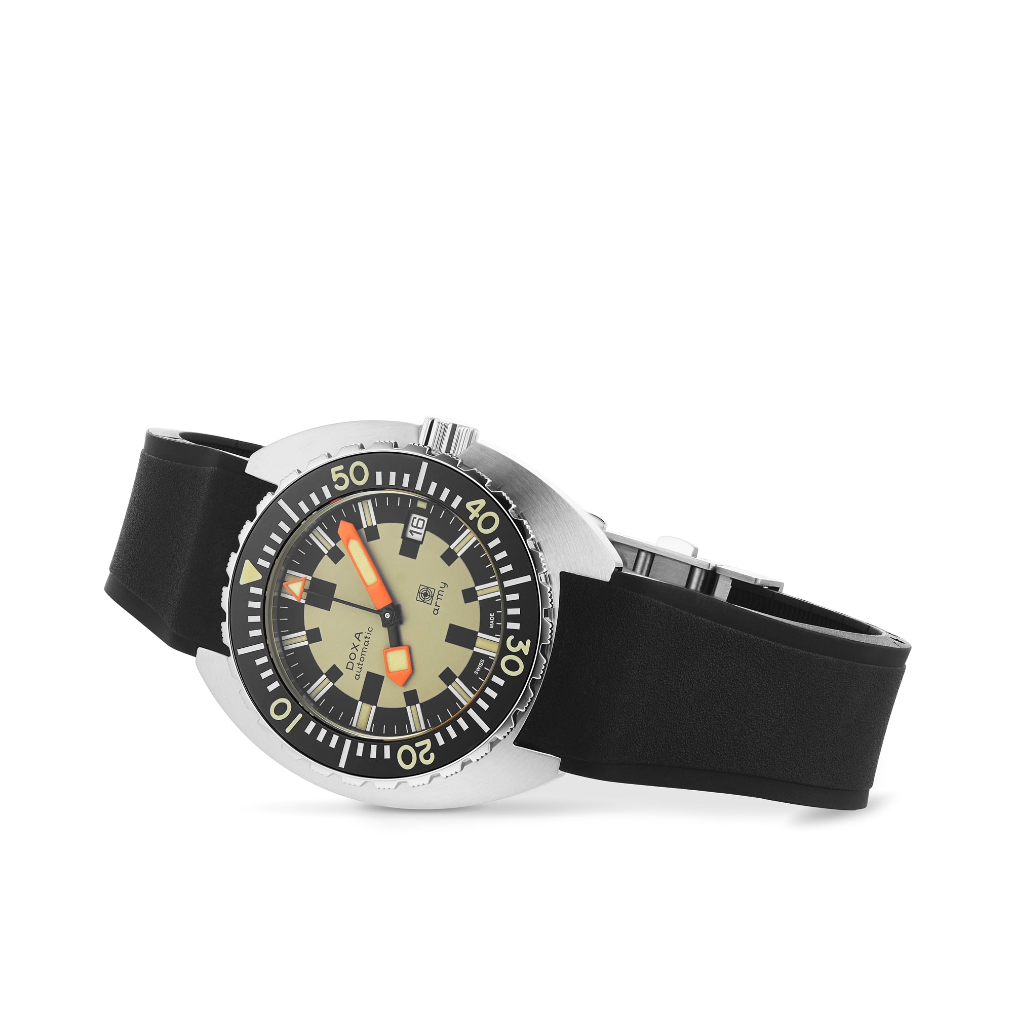 The DOXA Army Stainless Steel wristwatch by DOXA features a black rubber strap, yellow and black dial with orange accents, date display, and Super-LumiNova® coating, shown angled on a white background.