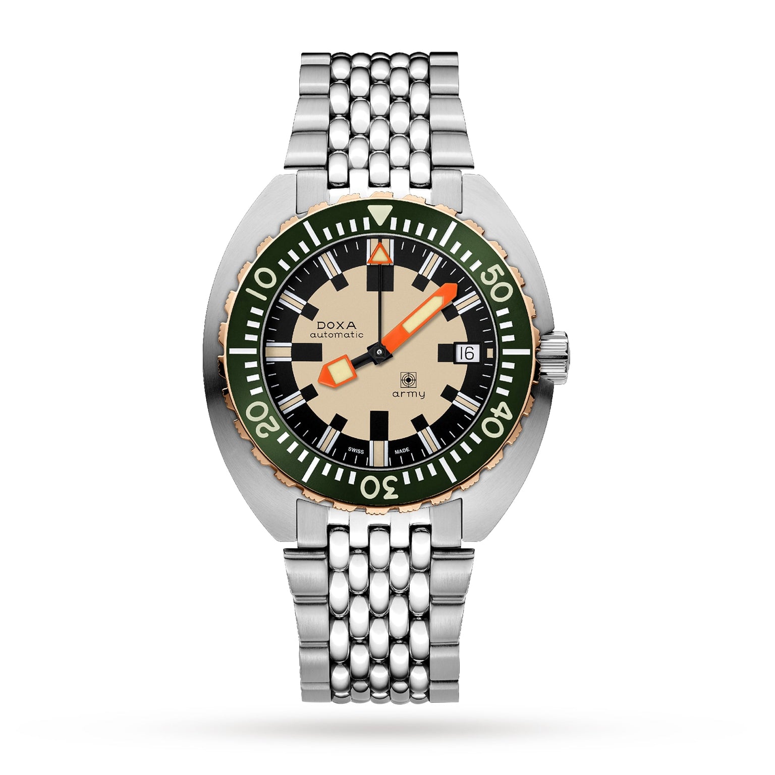 The DOXA Army Bronze by DOXA features a bronze case, green bezel, cream dial, orange minute hand, Super-LumiNova® coating, metal link bracelet, and a date display at 3 o’clock.