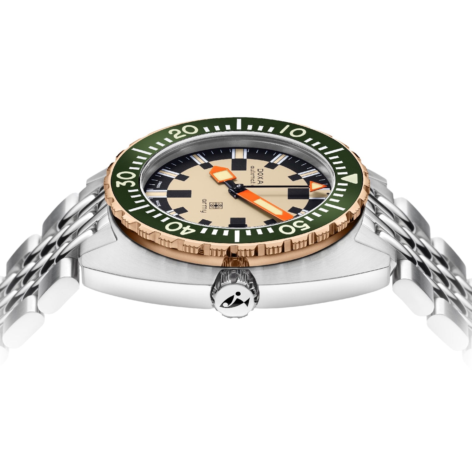 A close-up side view of a DOXA Army Bronze wristwatch by DOXA with a green and gold bezel, beige dial with orange accents, Super-LumiNova® coating, and a 316L stainless steel silver bracelet against a white background.
