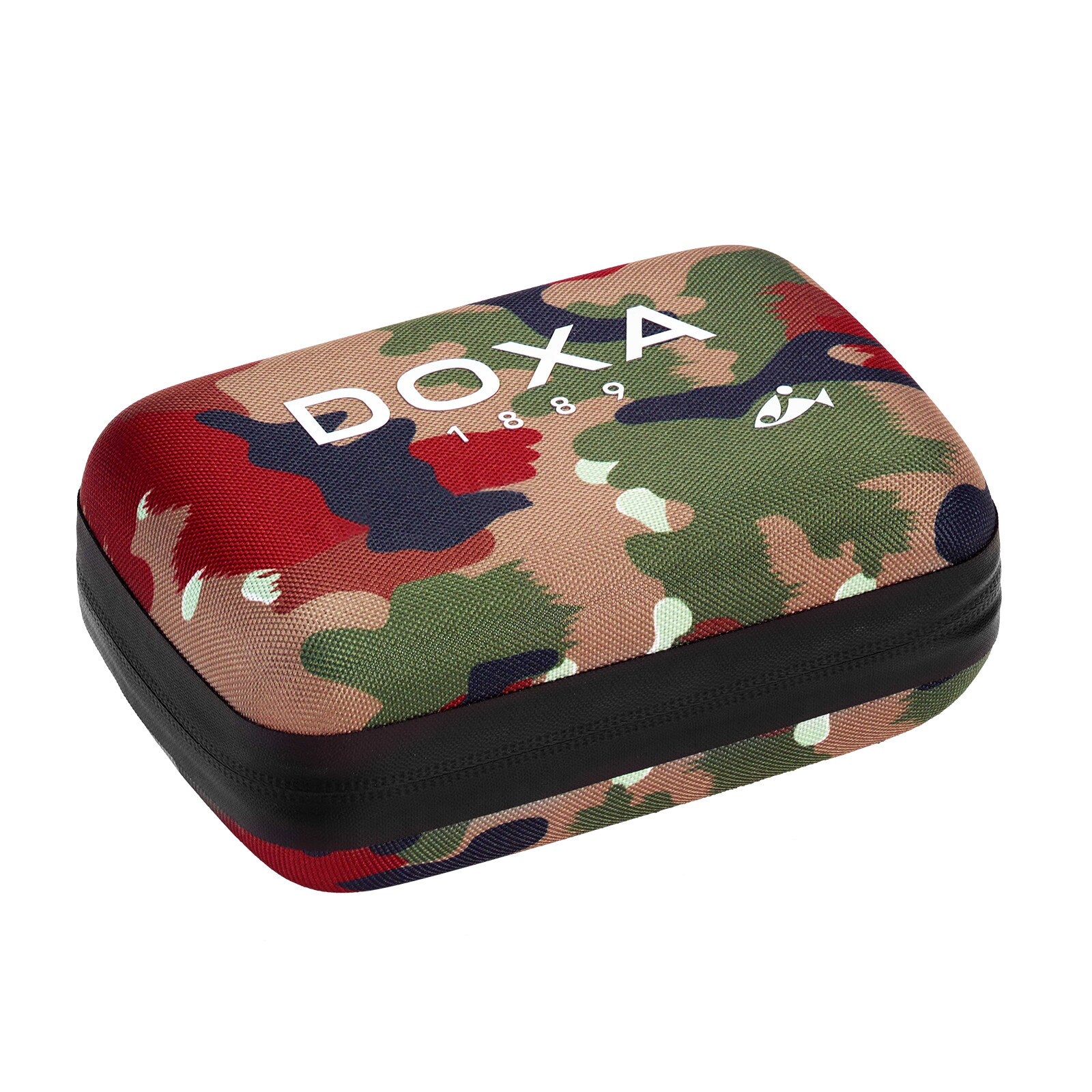 A rectangular, zippered hard case with a camouflage pattern, “DOXA 1889” text, and fish logo—ideal for storing your DOXA Army Bronze watch with its Super-LumiNova® luminescent coating.