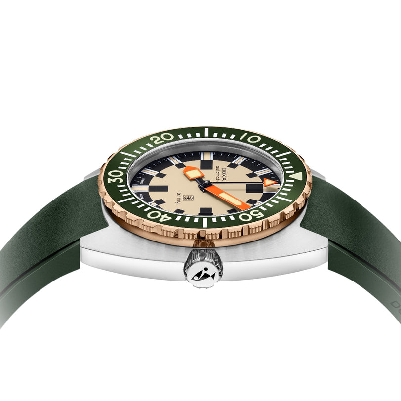 Close-up side view of the DOXA Army Bronze by DOXA, featuring a green strap, gold and green unidirectional bezel, black, white, and orange dial, and a crown with the brand’s logo.