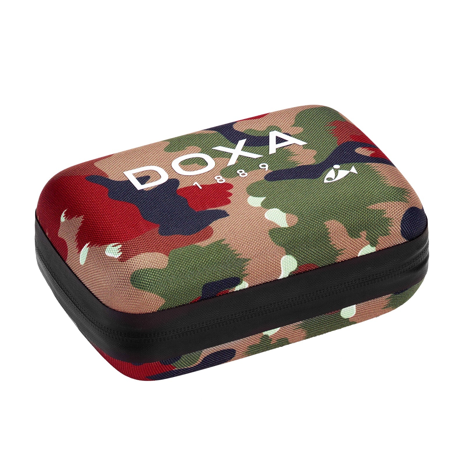 Rectangular camo zippered case featuring white “DOXA 1889” text and a fish logo on top, inspired by the DOXA Army Bronze collection and celebrating DOXA’s heritage.