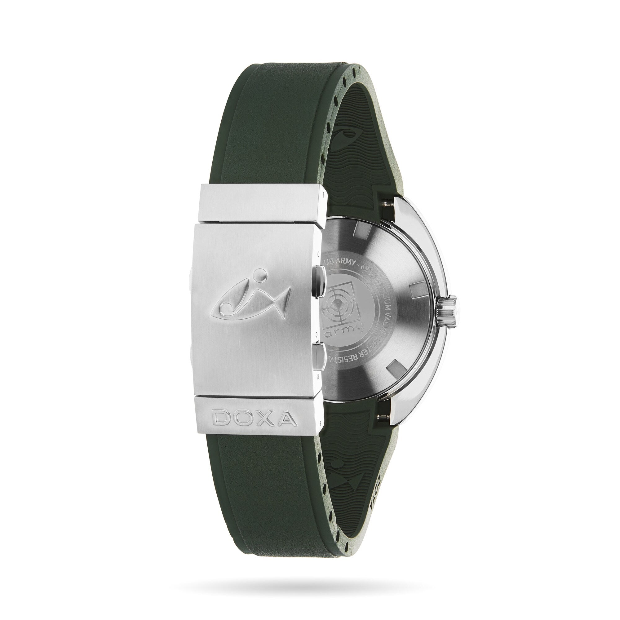 A DOXA Army Bronze watch case with a dark green rubber strap and a DOXA-branded clasp, shown from the back.
