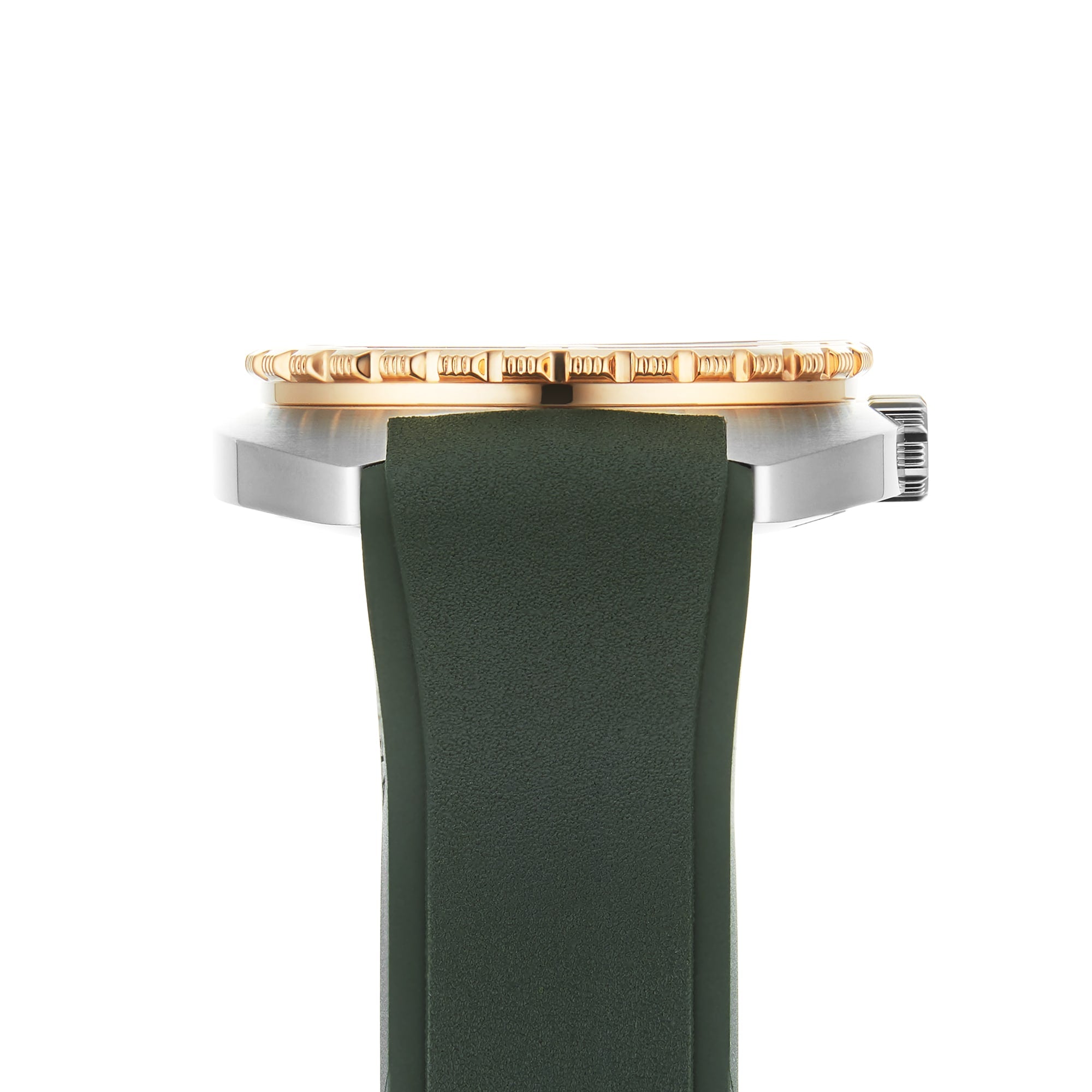 Side view of a DOXA Army Bronze wristwatch by DOXA with a green strap, stainless steel case, and gold-toned unidirectional rotating bezel against a white background.