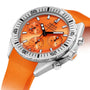 A DOXA Sub 200 C-Graph II Professional dive watch in stainless steel with an orange dial, three subdials, and an orange rubber strap is displayed at an angle.