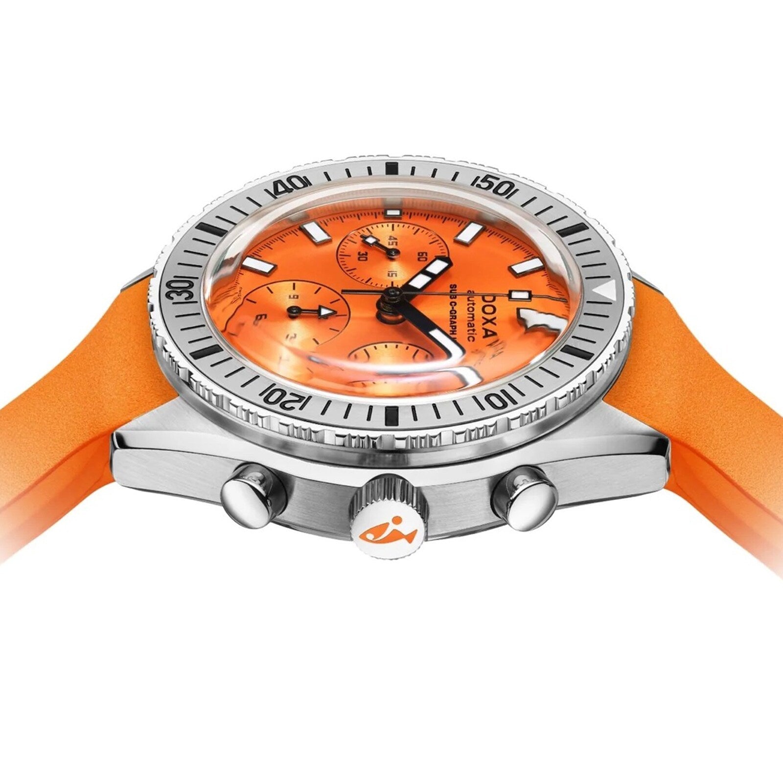 The DOXA Sub 200 C-Graph II Professional is a stainless steel dive watch with an orange dial, automatic chronograph features, and an orange rubber strap, viewed from a low angle.