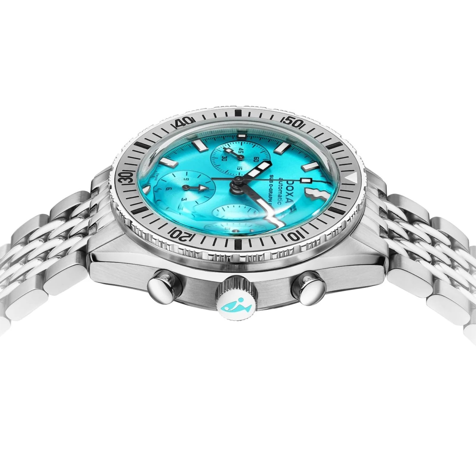 The DOXA Sub 200 C-Graph II Aquamarine is a stainless steel wristwatch with a turquoise dial, silver bezel, automatic chronograph subdials, and metal link bracelet, shown from a side angle.