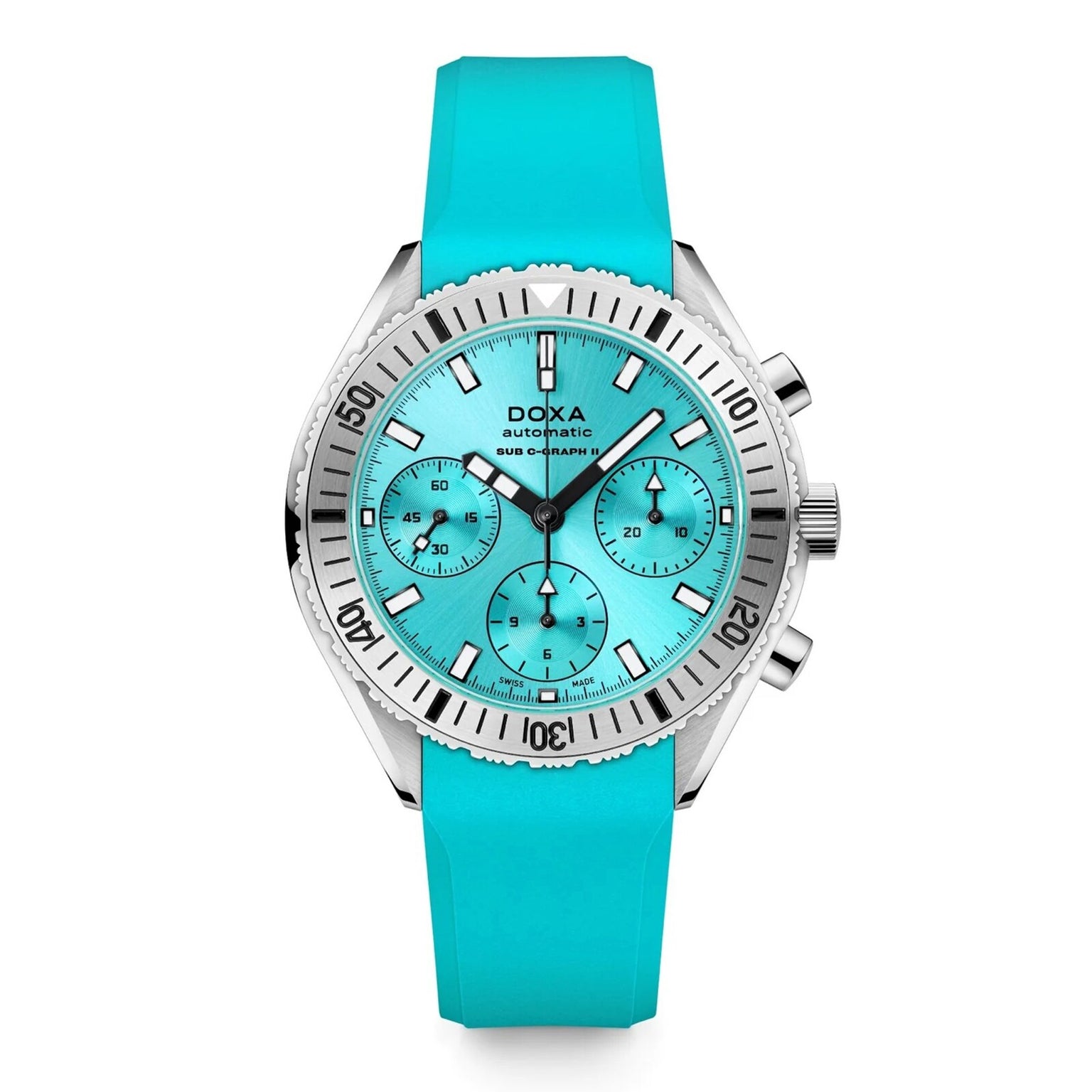 The DOXA Sub 200 C-Graph II Aquamarine is a turquoise wristwatch featuring a matching strap, silver bezel, and three subdials on the face.