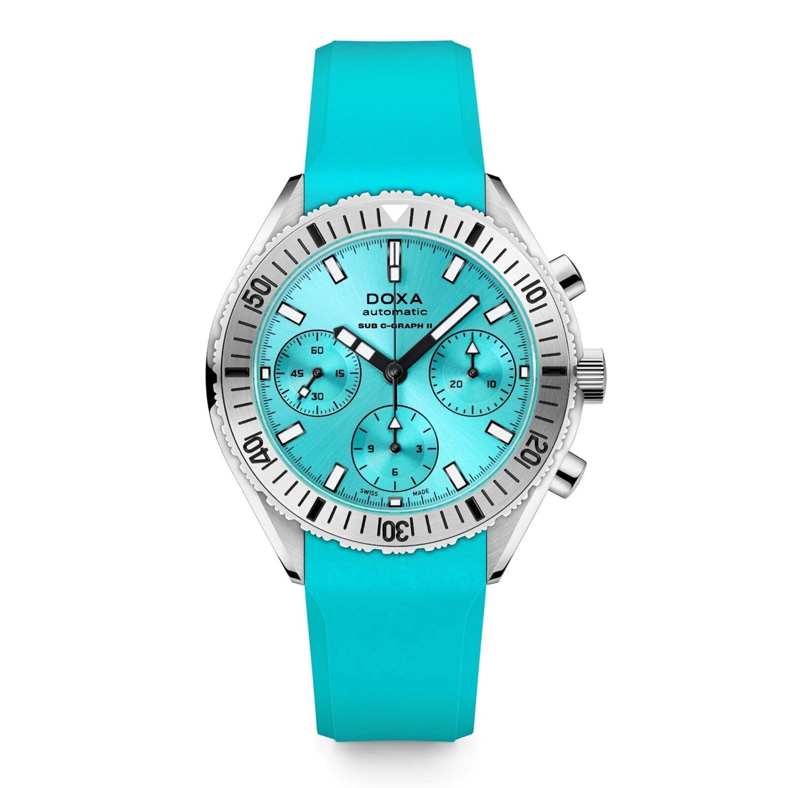 The DOXA Sub 200 C-Graph II Aquamarine is a turquoise wristwatch featuring a matching strap, silver bezel, and three subdials on the face.