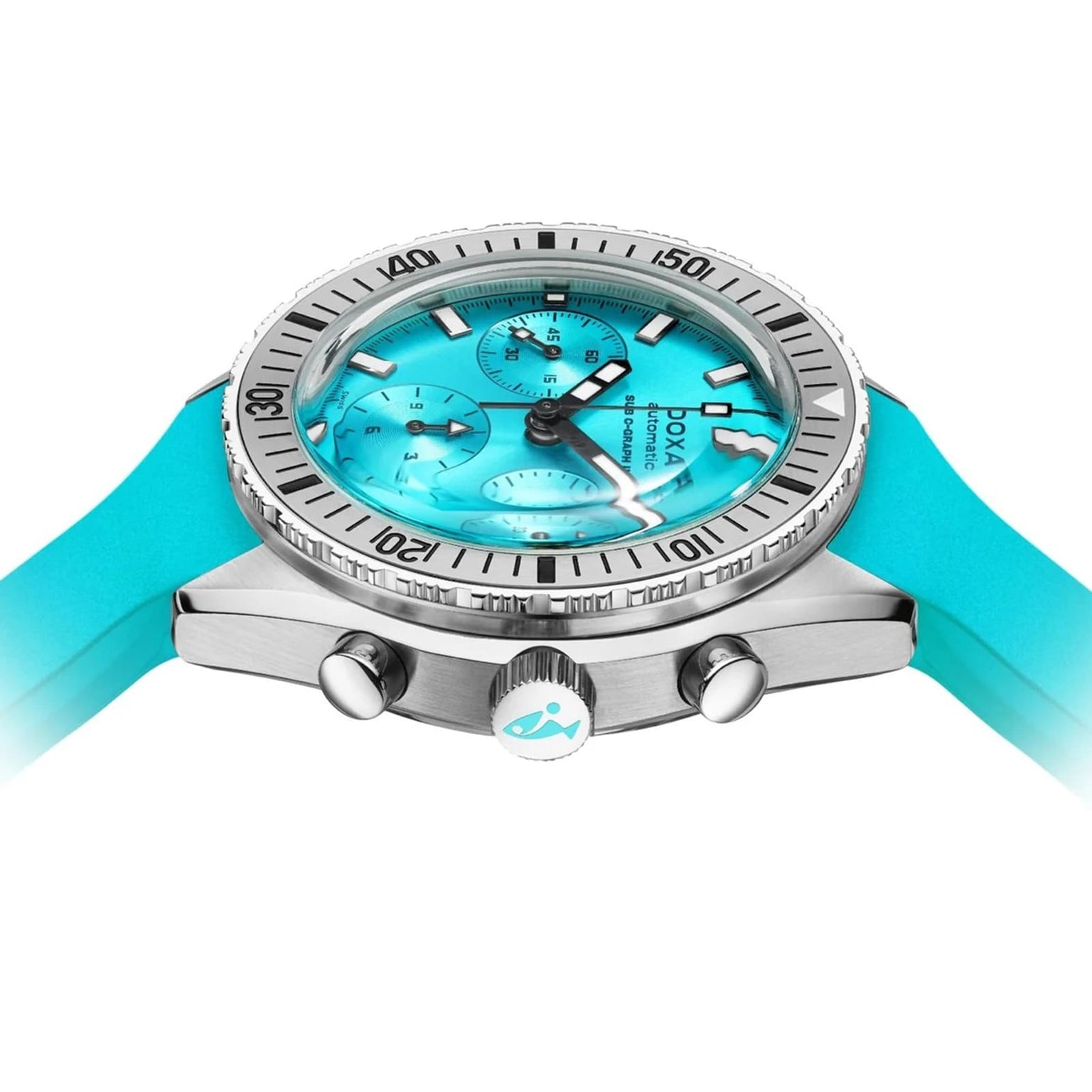 The DOXA Sub 200 C-Graph II Aquamarine wristwatch features a turquoise dial, matching strap, and three subdials set in a silver case.