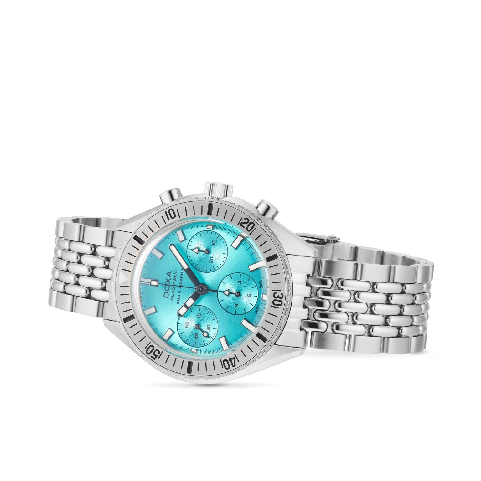 The DOXA Sub 200 C-Graph II Aquamarine is a stainless steel wristwatch with a turquoise automatic chronograph dial and metal link bracelet, shown against a white background.