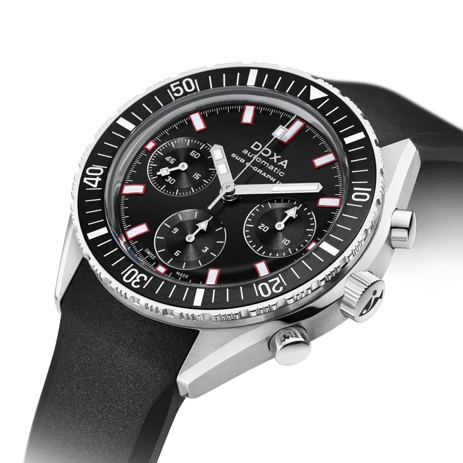 A DOXA Sub 200 C-Graph II Sharkhunter mechanical chronograph dive watch with a stainless steel case, black rubber strap, and three subdials is shown at an angle on a white background.