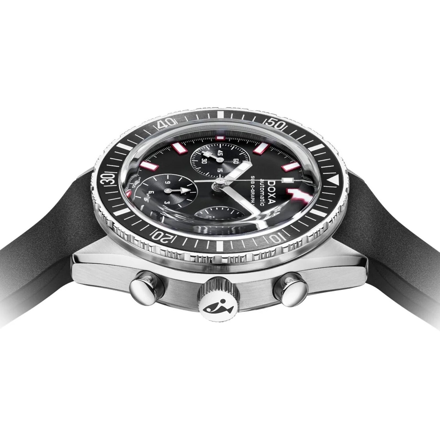 A close-up side view of the DOXA Sub 200 C-Graph II Sharkhunter dive watch, showing its black bezel, stainless steel case with two pushers, mechanical automatic chronograph movement, subdials, and luminous markers on the dial.