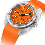 The DOXA Sub 200T Professional is a silver and orange automatic wristwatch with a vibrant orange face, black and white hour markers, and an orange rubber strap—exemplifying Swiss watchmaking for deep-sea diving enthusiasts.