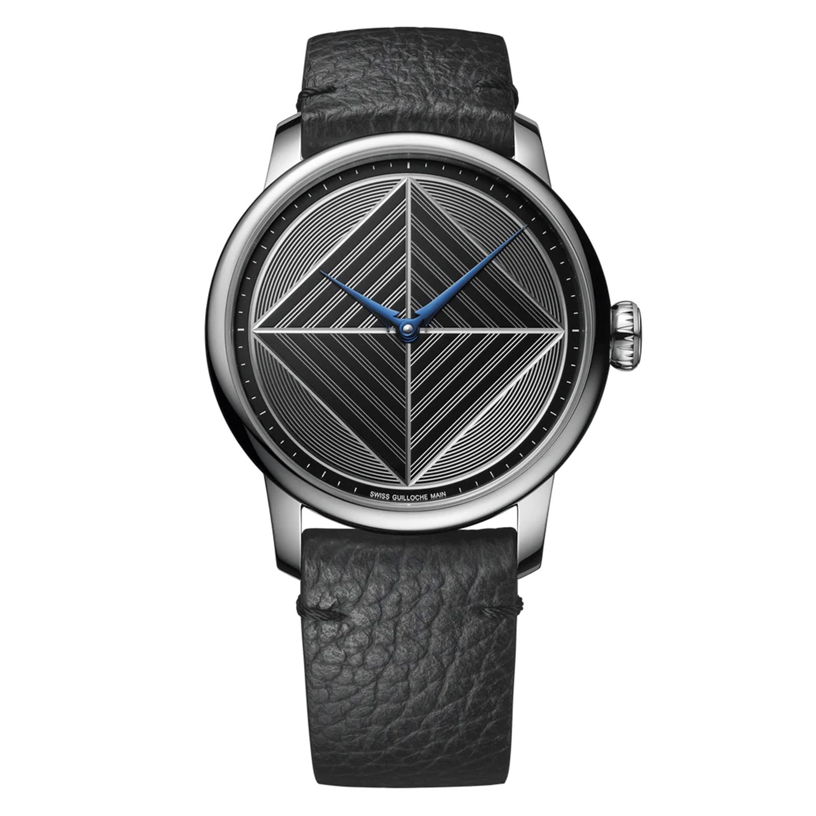 The Louis Erard Guilloché Main II is a wristwatch featuring a geometric black and silver dial and a black textured leather strap.