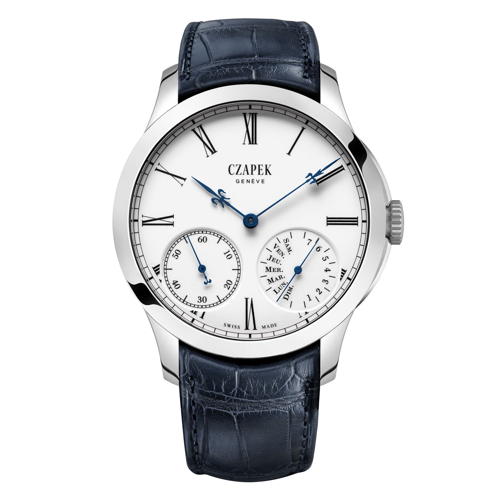 The Czapek Quai des Bergues N°33 Ter is a luxury watch featuring Roman numerals, blue hands, and a dark blue leather strap.