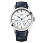 The Czapek Quai des Bergues N°33 Ter is a luxury watch featuring Roman numerals, blue hands, and a dark blue leather strap.