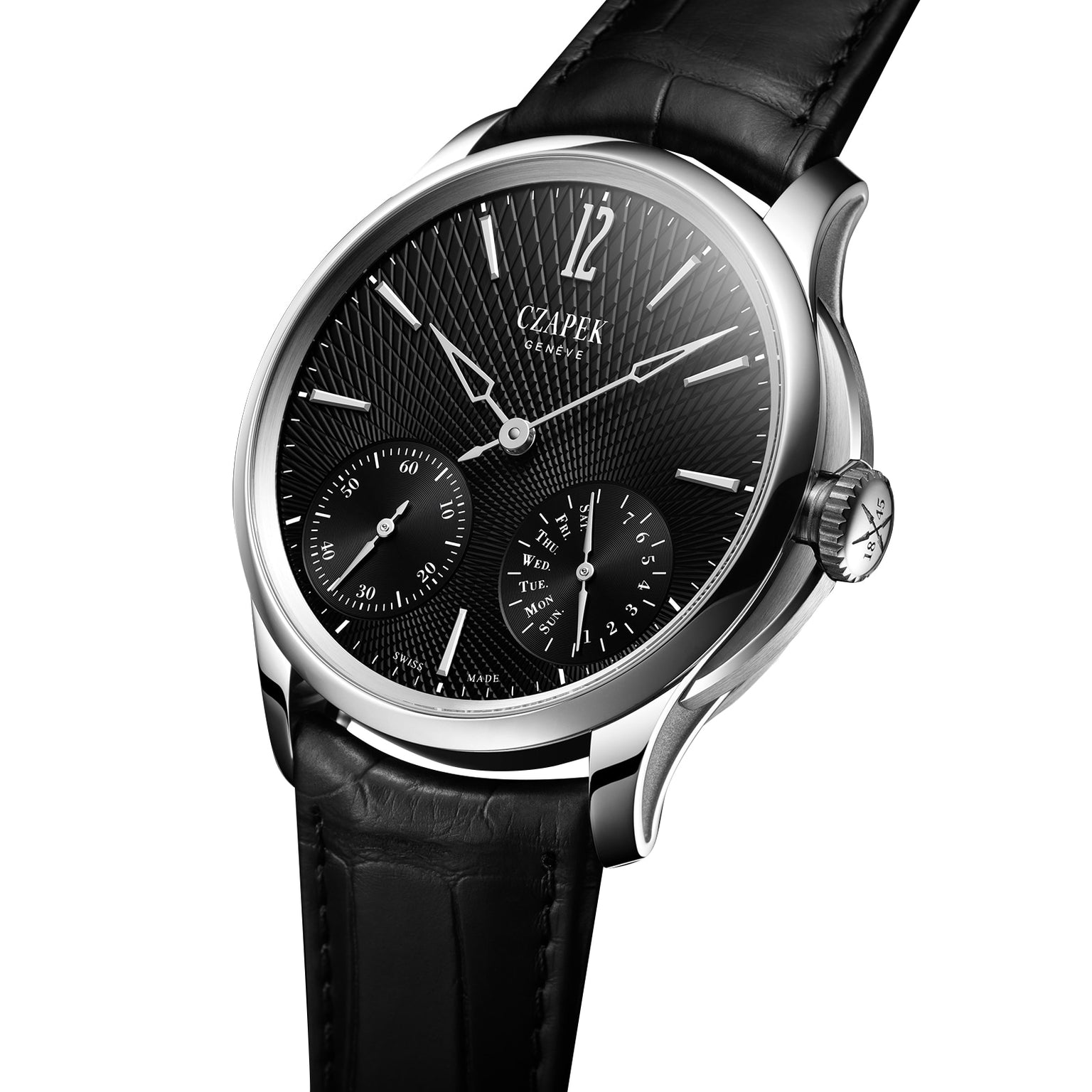 The Czapek Quai des Bergues N°17 Double Soleil Tuxedo Black features a silver case, textured black dial with two subdials, and a black leather strap.