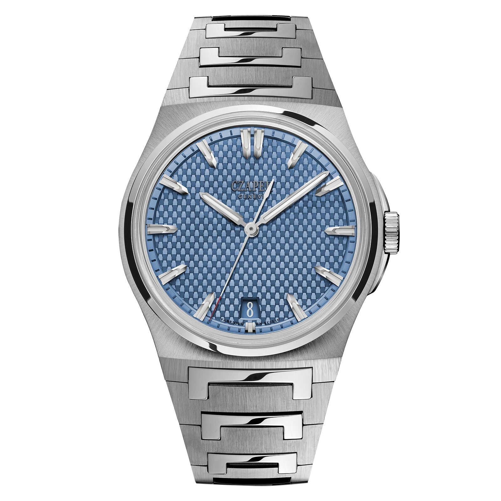 The Czapek Antarctique Passage de Drake Glacier Blue L is a silver wristwatch with a textured blue dial, silver hour markers, and a date window at 6 o’clock.