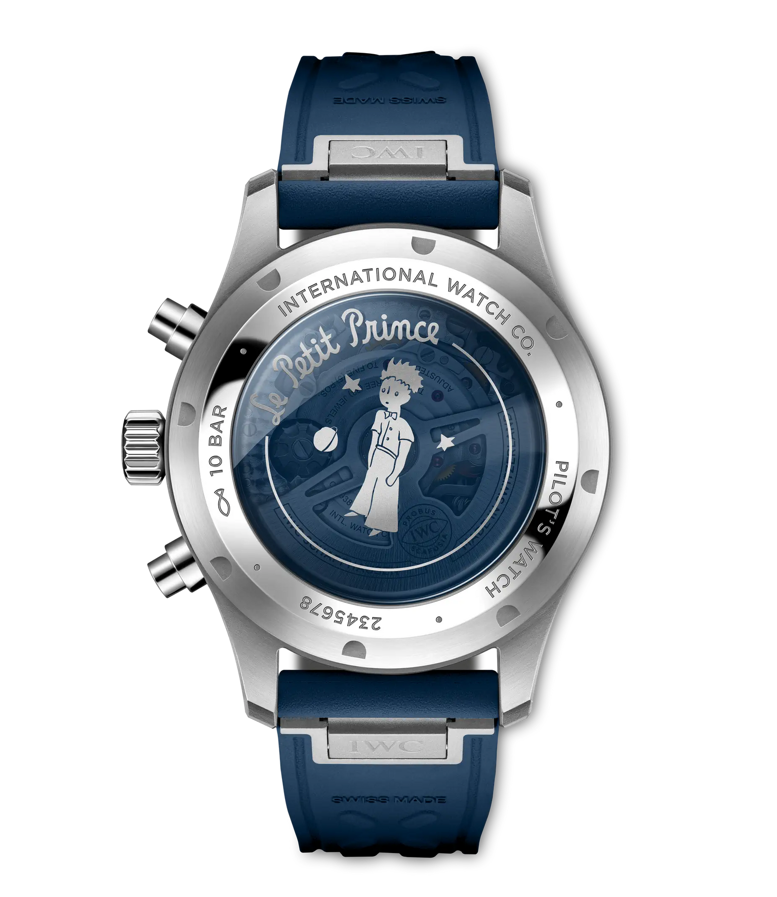 Stainless steel chronograph watch with dark blue dial featuring Le Petit Prince illustration, blue rubber strap, and chronogr