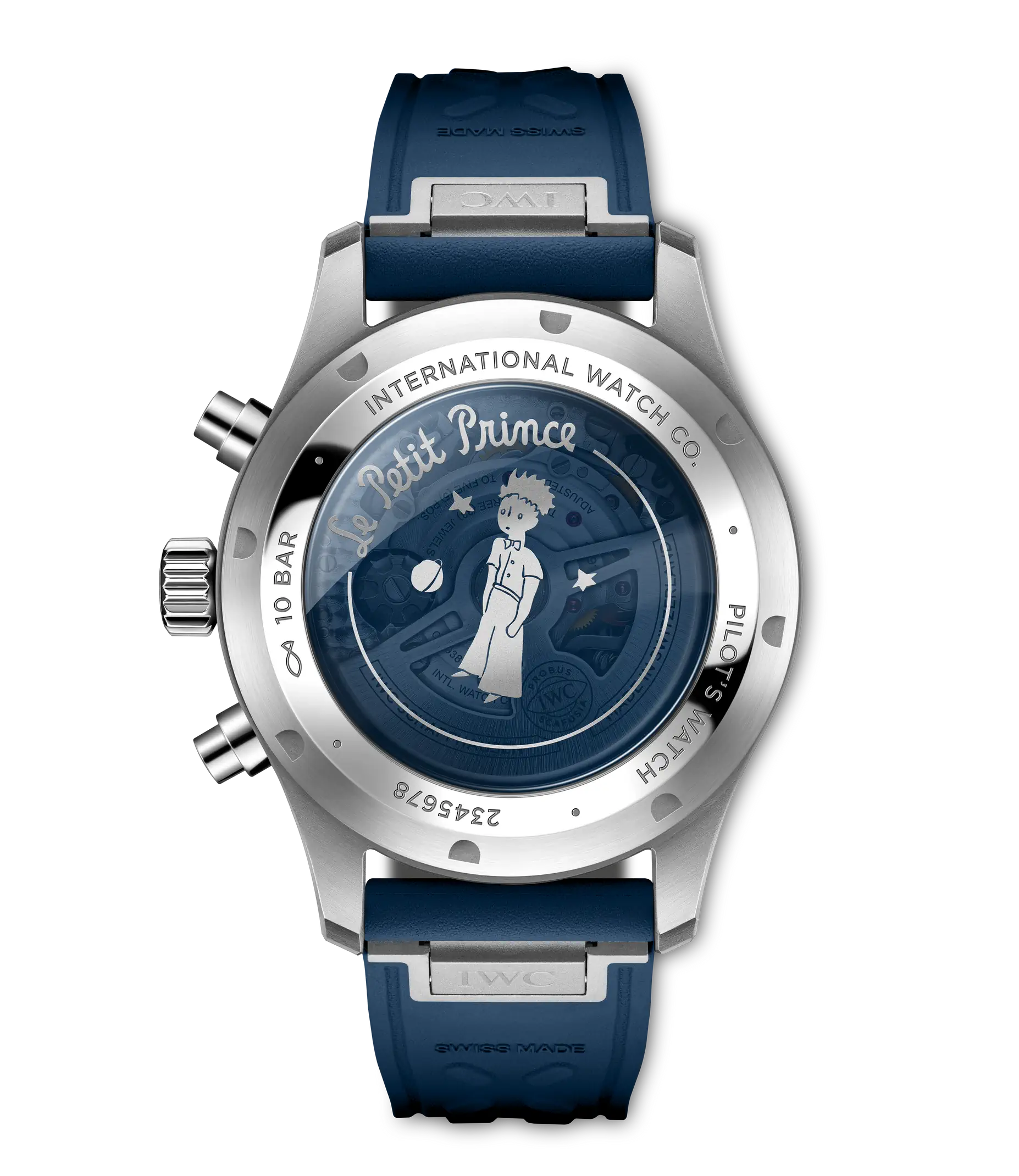 Stainless steel chronograph watch with dark blue dial featuring Le Petit Prince illustration, blue rubber strap, and chronogr