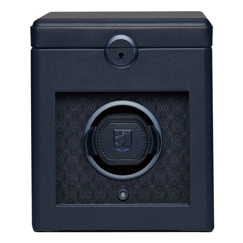 Dark blue leather watch winder with single circular watch holder, textured front panel, and power button at bottom.