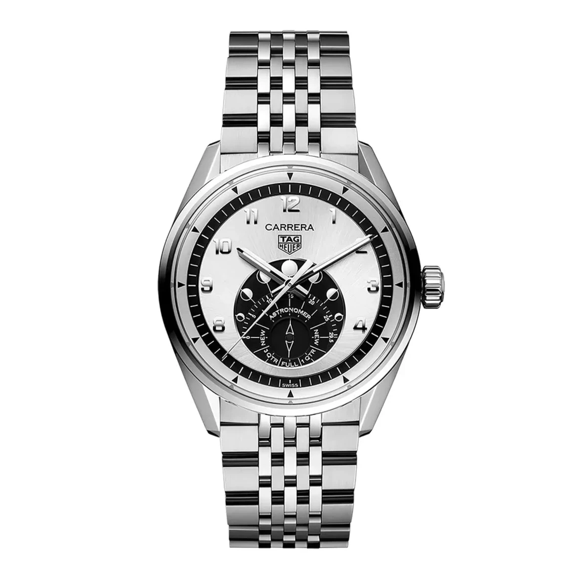The TAG Heuer Carrera Astronomer is a Swiss watch with a silver metal link bracelet, silver and black dial, date window at 6 o’clock, chronograph subdials, plus silver hour markers and hands.