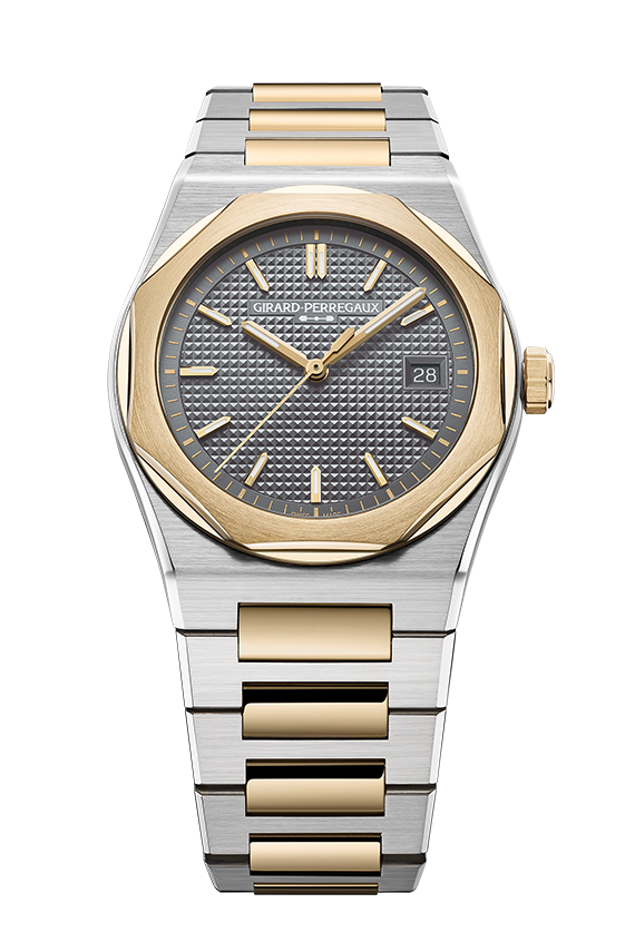 The Girard-Perregaux Laureato Fifty Limited Edition is a luxury sports watch with a two-tone silver and gold bracelet, grey textured dial, gold hour markers and hands, date at 3 o'clock, and a distinctive gold octagonal bezel.
