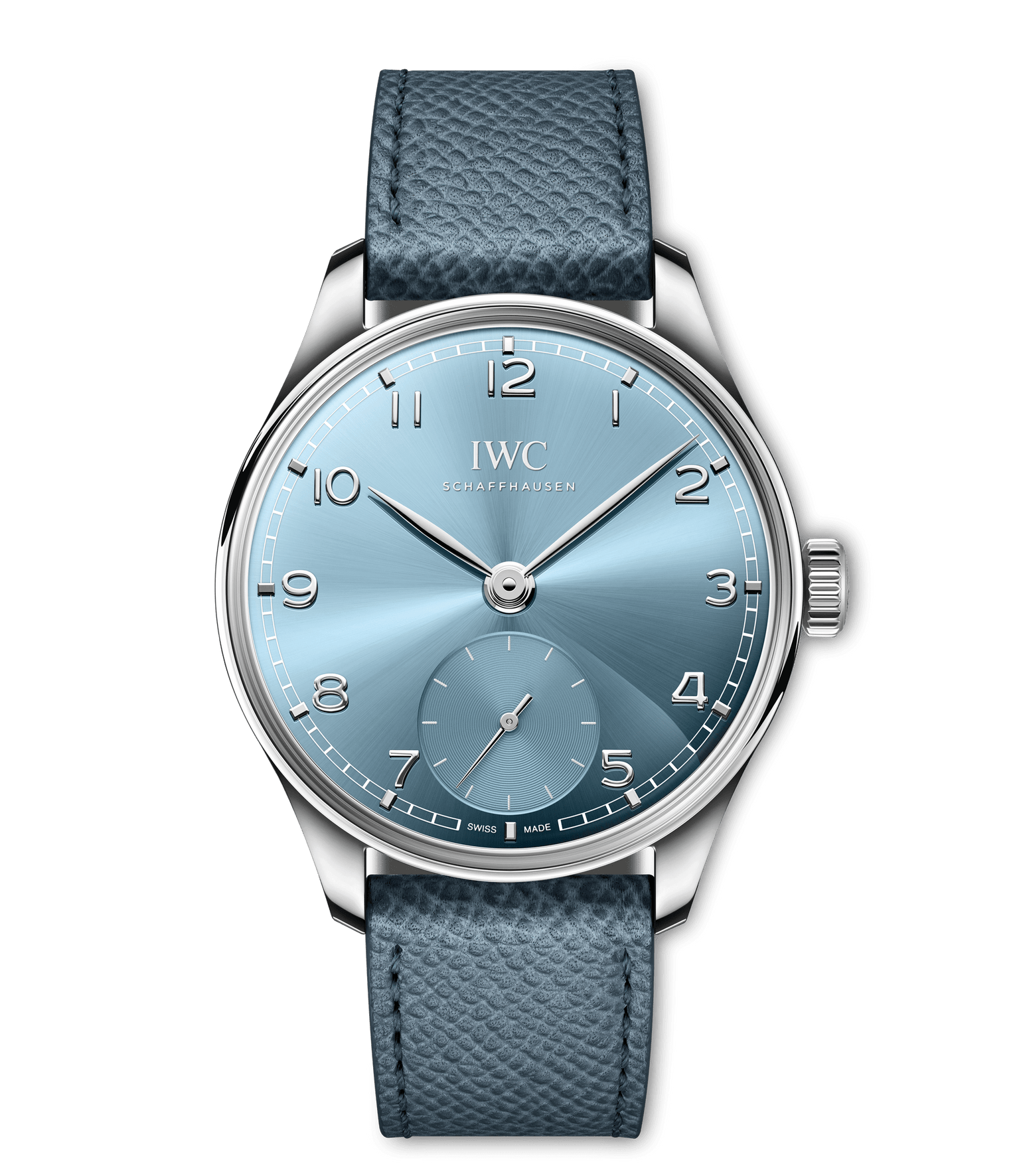 The IWC Schaffhausen Portugieser Automatic 40 features a silver case, sunburst light blue dial, silver hands and markers, small seconds above 6 o’clock, and a blue textured leather strap.